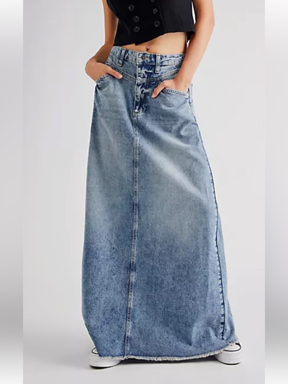 Free People Light Blue Washed Denim Maxi Skirt